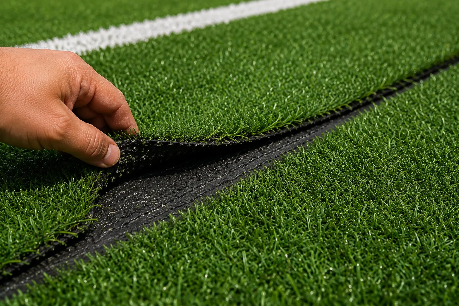 Hand lifting a separated artificial turf seam to show the black backing underneath
