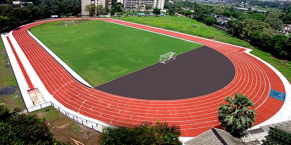 Sandwich system athletic running track with red EPDM surface